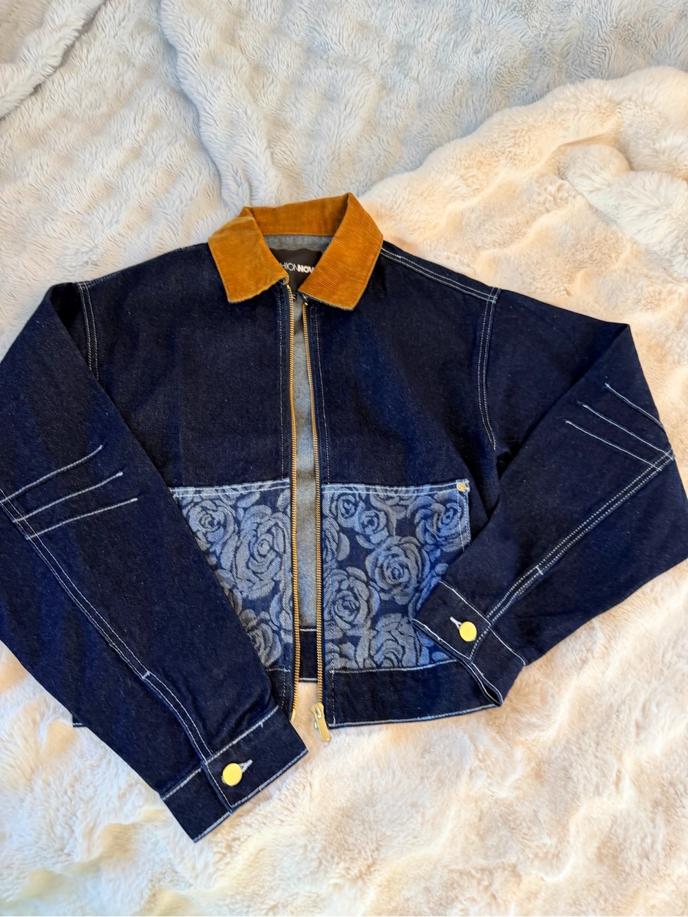Fashion nova Dark Denim Floral Panel Jacket with Corduroy Collar S